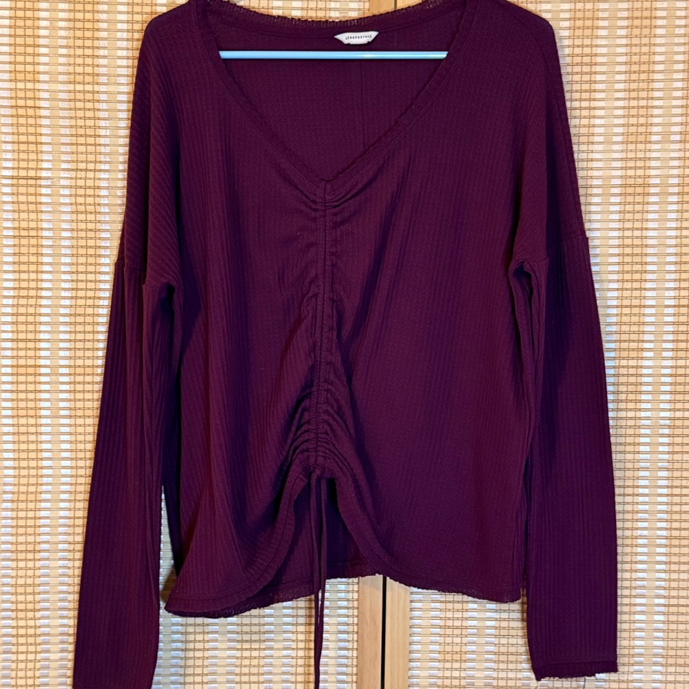 Aeropostale Womens Plum Purple Waffle Knit Cinch Front Long Sleeve Top Large